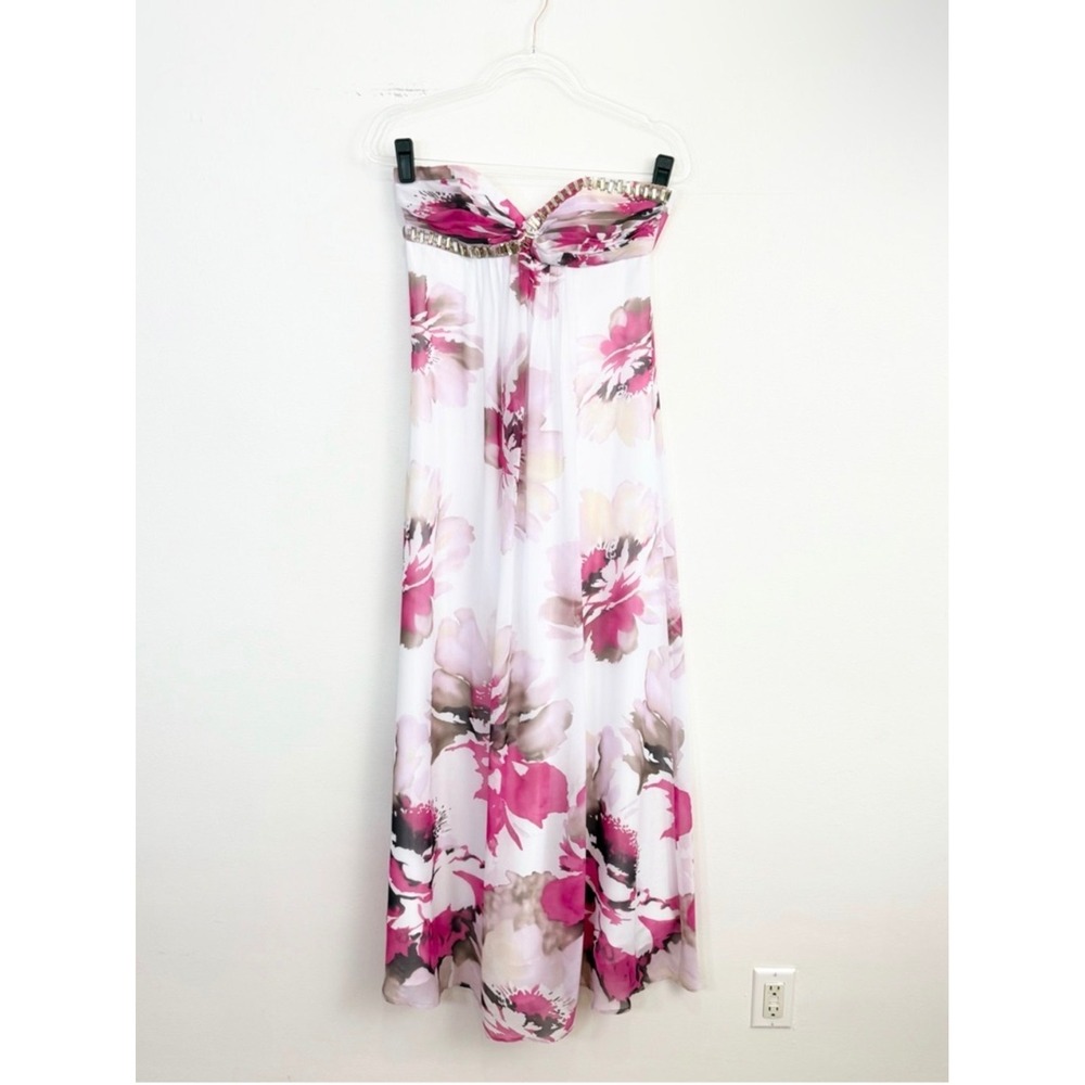 Cache Y2K Strapless Floral Maxi Dress Pink White Beaded Bust Size 2